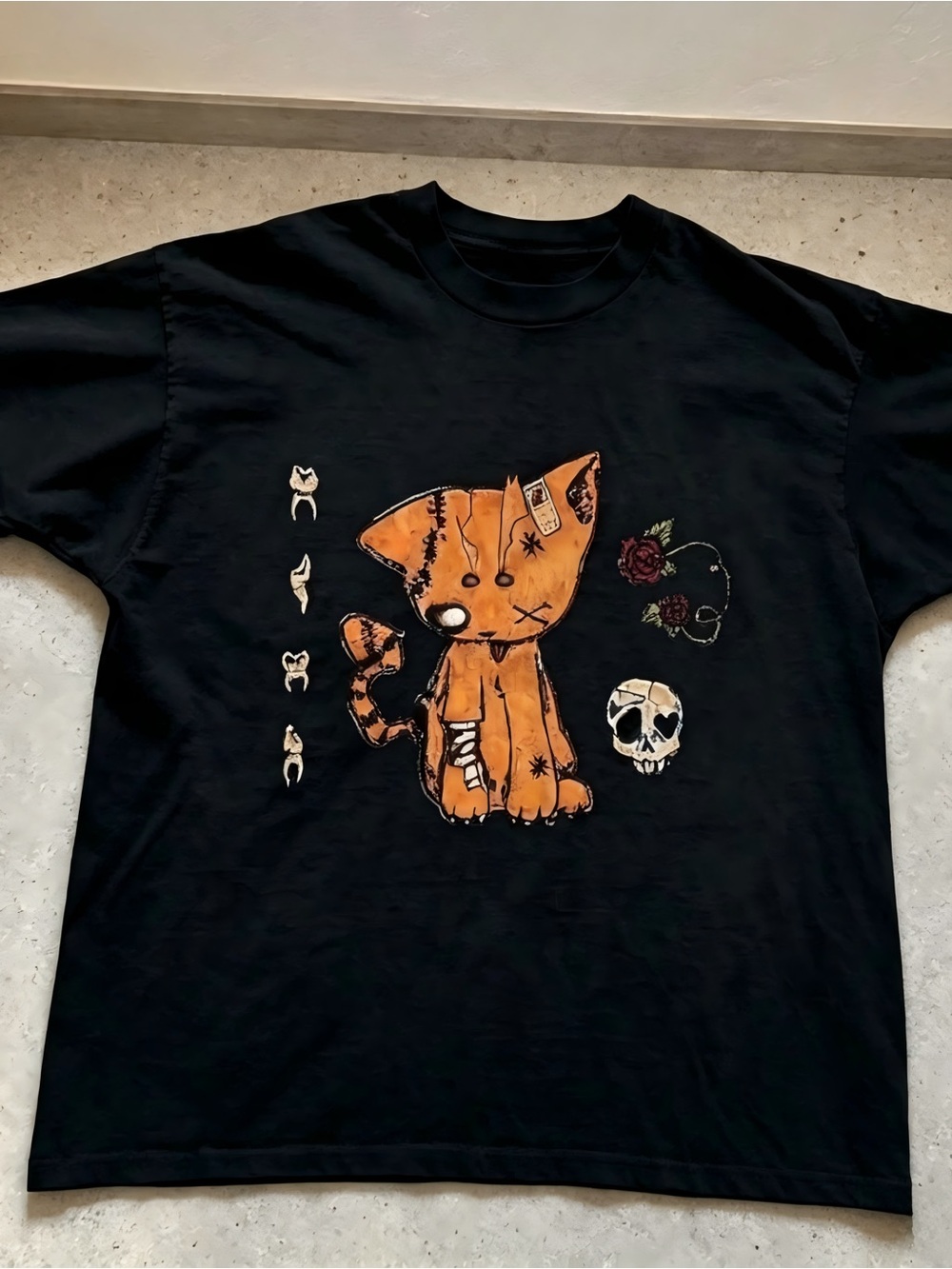 Vintage Gothic Voodoo Cat Teeth Skull Print Dark Aesthetic Graphic T-shirt